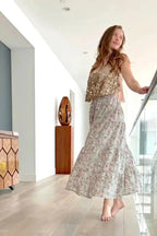 Hand-block printed cotton maxi skirt detail - sustainably artisan made - boho chic floral maxi skirt.