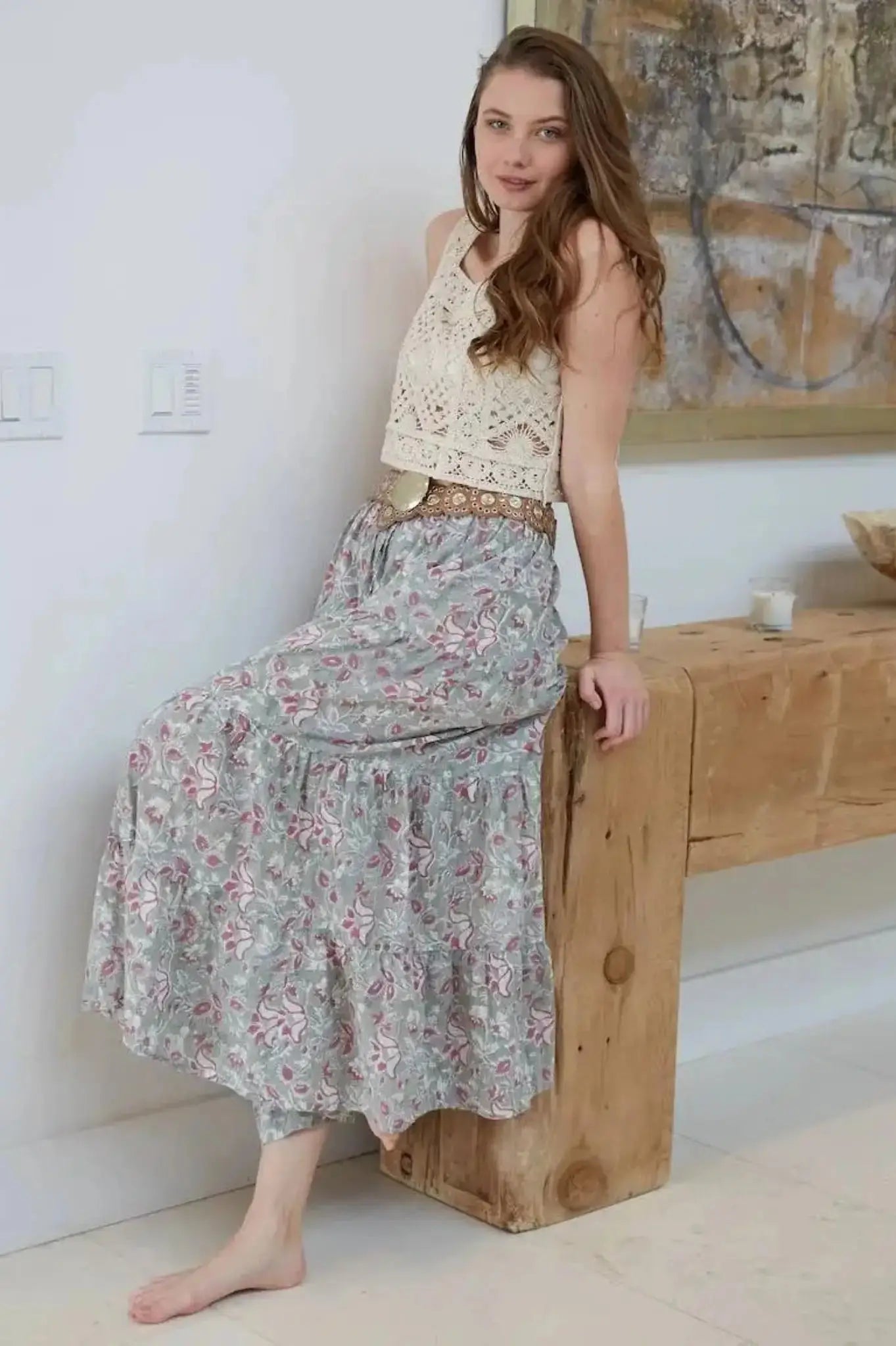Bohemian tiered maxi skirt with burgundy tassel ties - cotton block print