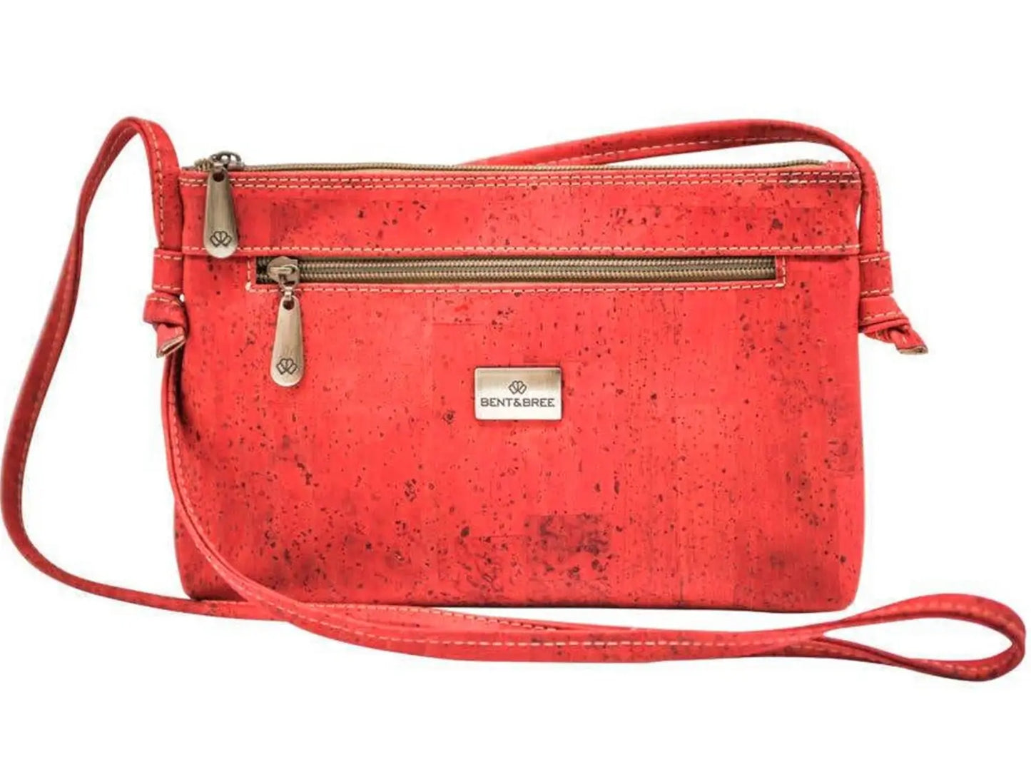 Red crossbody bag made of cork material with gold metal zippers pockets