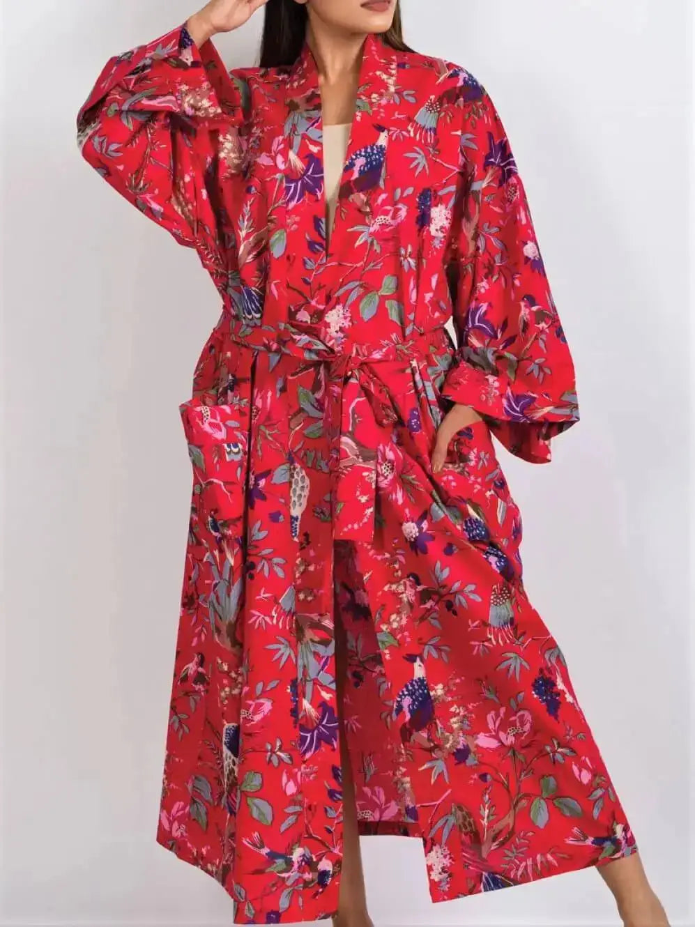 Women's Red Kimono Robe - Birds of Paradise Print - Sevya Handmade