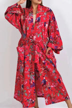 Women's Red Kimono Robe - Floral Cotton Birds of Paradise Print - Long Sleeves - Pockets - Maxi Length from Sevya Handmade