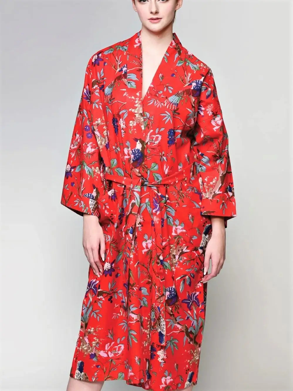 Women's Red Kimono Robe Birds of Paradise Print - Sevya Handmade
