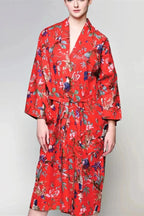 Women's Red Kimono Robe Birds of Paradise Floral Printed Cotton, Long Length with Long Sleeves, Pockets, Tie Belt in front