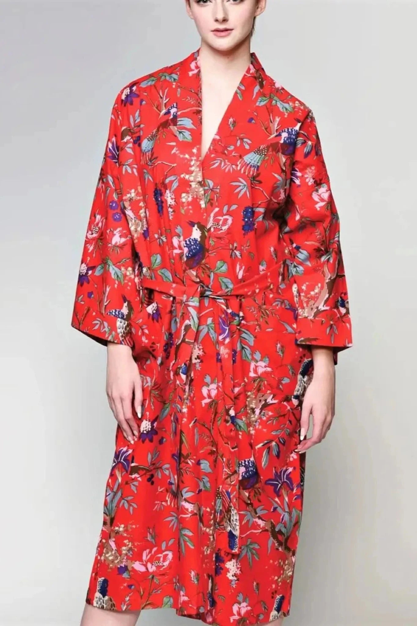 Women's Red Kimono Robe Birds of Paradise Print - Sevya Handmade
