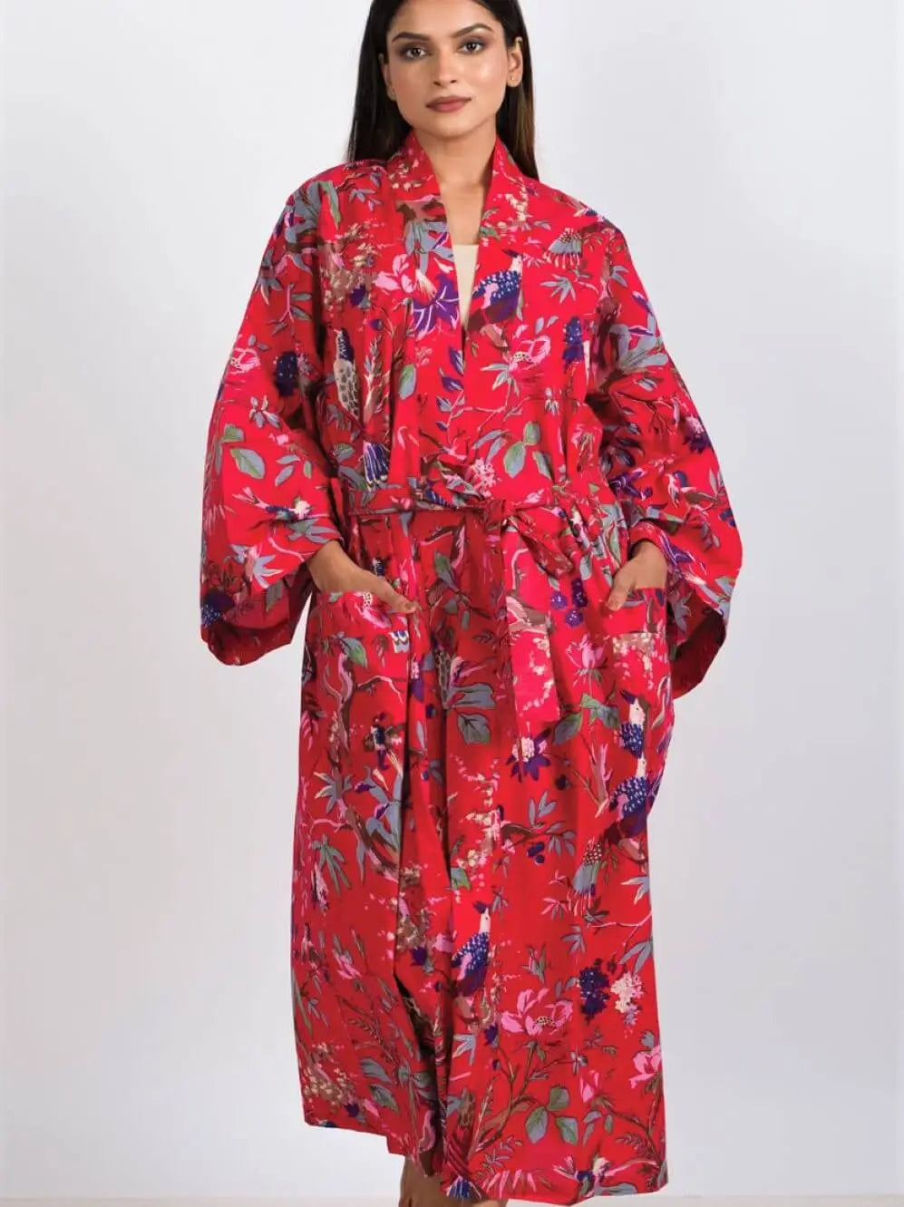 Women's Red Kimono Robe Birds of Paradise Print -  Kimono Robe with Pockets - Sevya Handmade