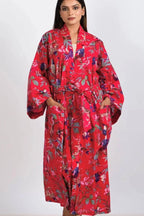 Women's Red Kimono Robe Birds of Paradise Print -  Kimono Robe with Pockets - 100% Cotton Floral Print - by Sevya Handmade