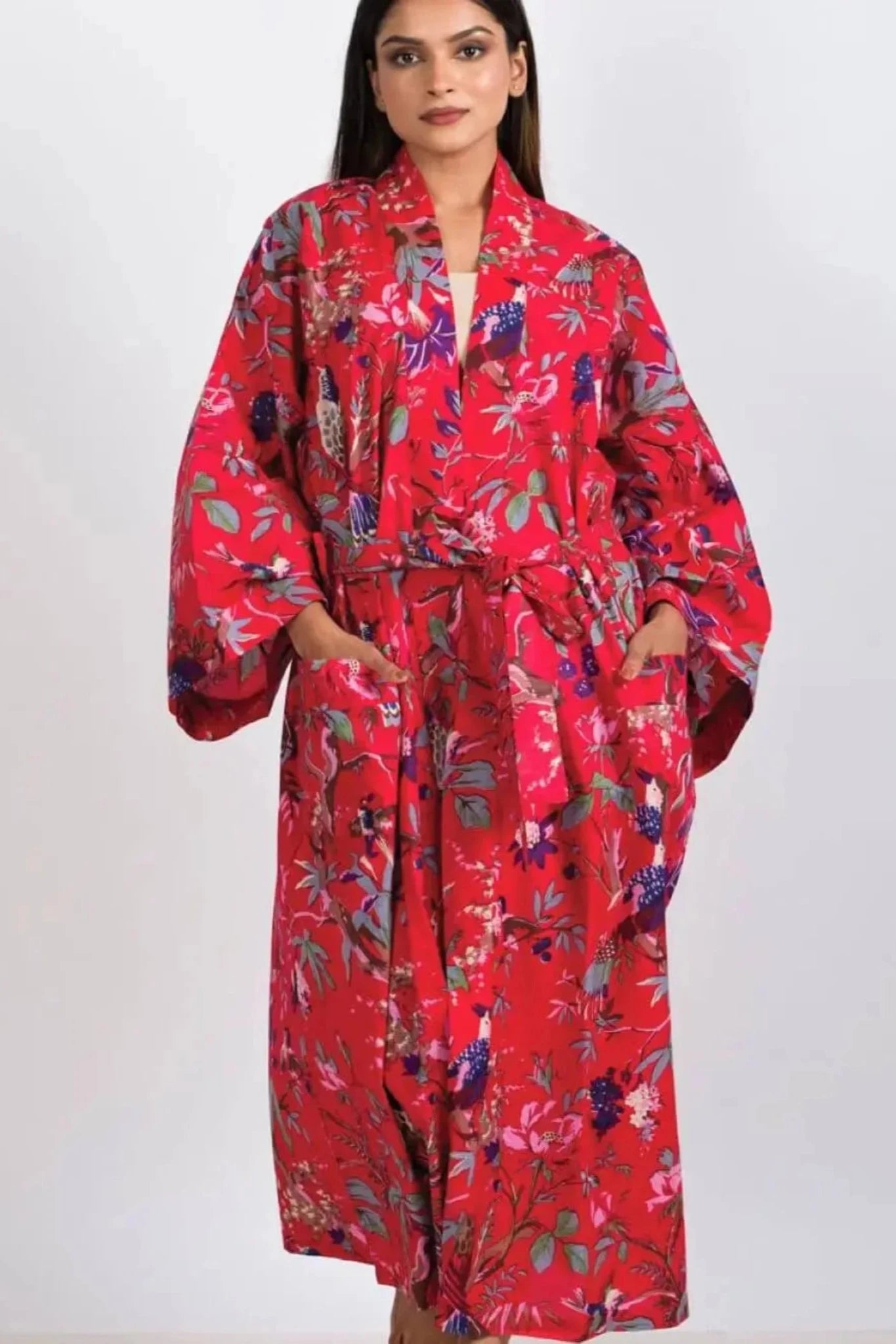 Women's Red Kimono Robe Birds of Paradise Print -  Kimono Robe with Pockets - Sevya Handmade