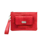 Red cork clutch wristlet or small purse and wallet with front card or cash pocket, zippered top and removable wrist strap.