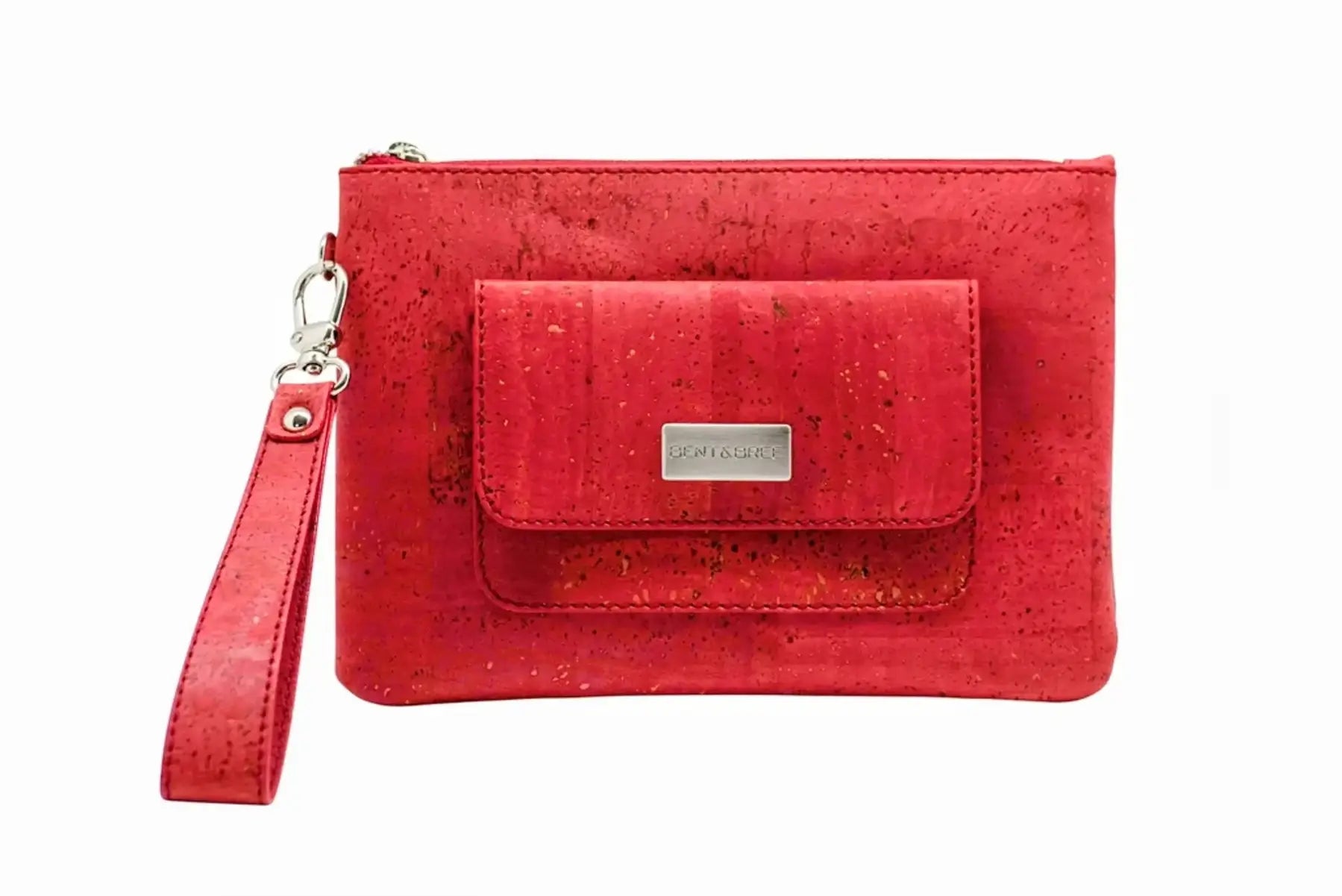 red cork clutch purse and wristlet wallet with front pocket and removable wrist strap