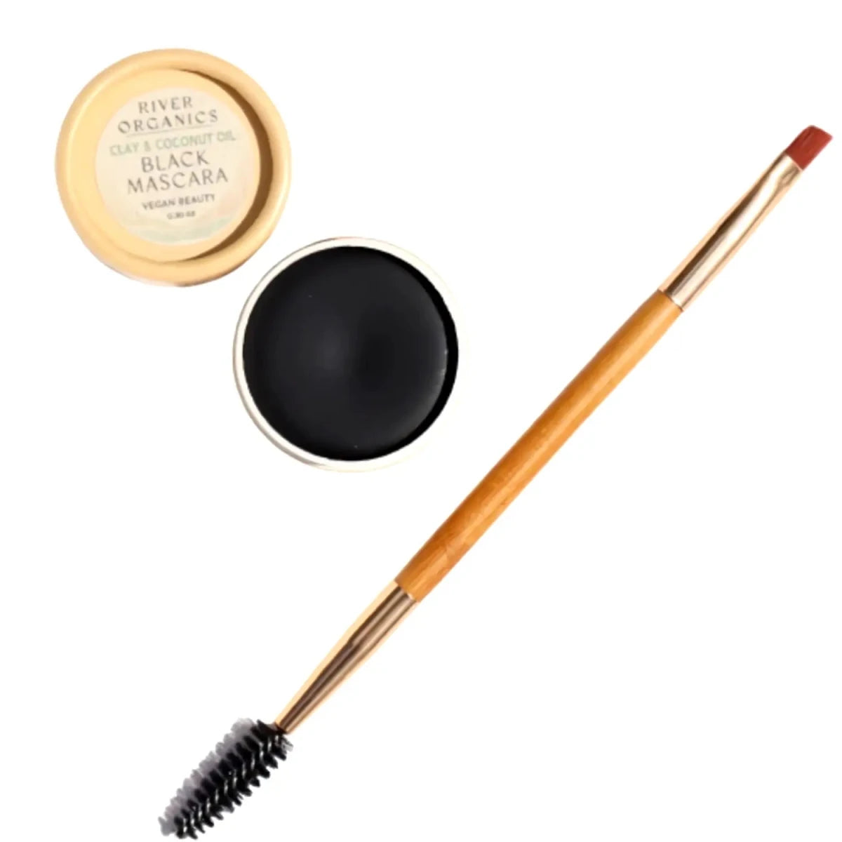 River Organics Black Mascara set featuring a wooden-handled dual-ended applicator brush, an open round tin of black clay and coconut oil mascara, and the gold-toned lid on a plain white background.