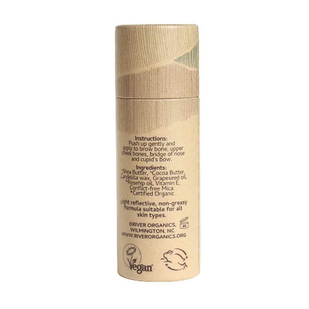 Rose Quartz Highlighter Stick in an Eco-friendly paper cosmetic tube with ingredients and application instructions listed.