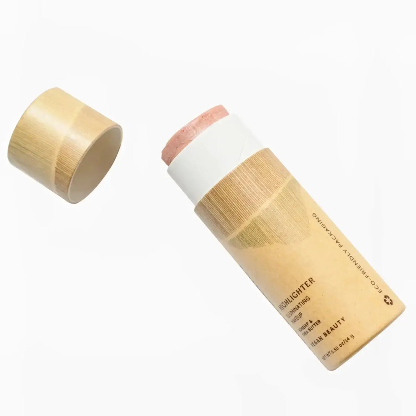 rose quartz pink cream highlighter stick in eco-friendly paper tube by river organics