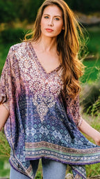 Women's Embroidered Top with Short Sleeves, V-neck and mid thigh length from Sevya Handmade