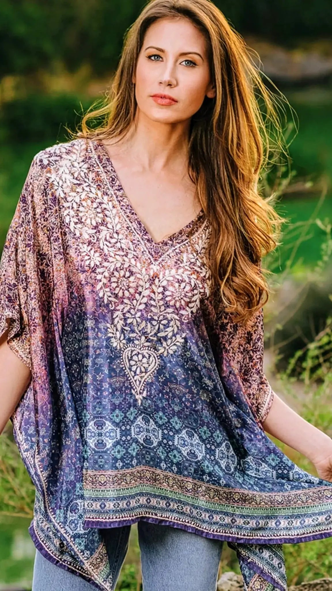 Women's Embroidered Short Sleeve V-neck Tunic Top from Sevya Handmade
