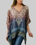 women's embroidered top, v-neck bohemian tunic top in purple and blue print from sevya handmade