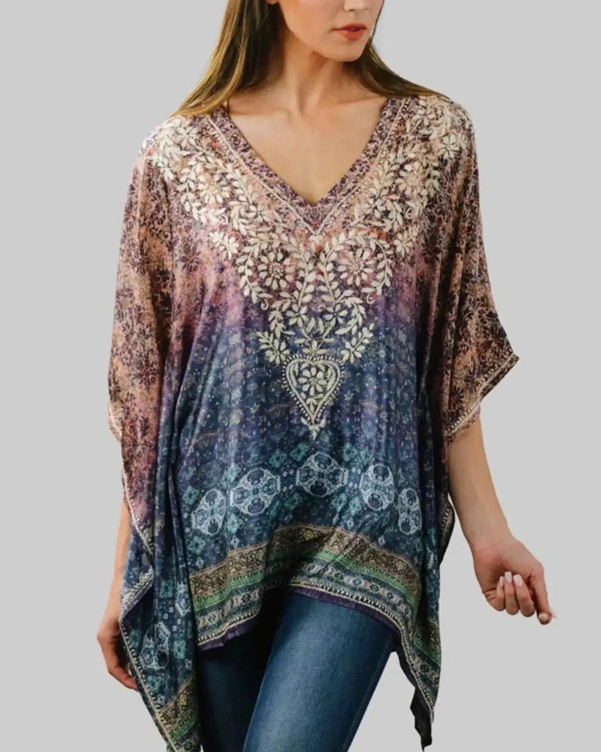 women's embroidered  v-neck bohemian tunic top in purple and blue print from sevya handmade