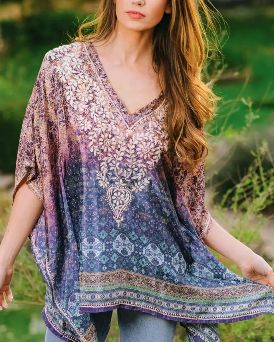 Women's Purple and Blue Printed Embroidered Short Sleeve V-neck Tunic Top from Sevya Handmade
