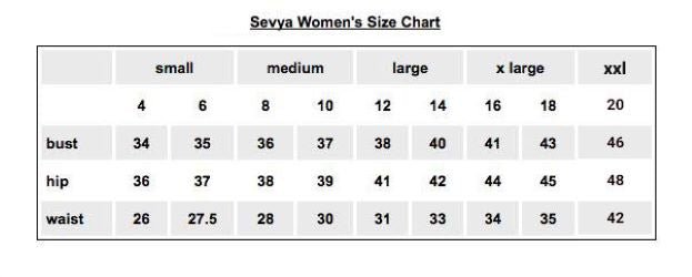 Sevya Handmade Women's Size chart for pajama set