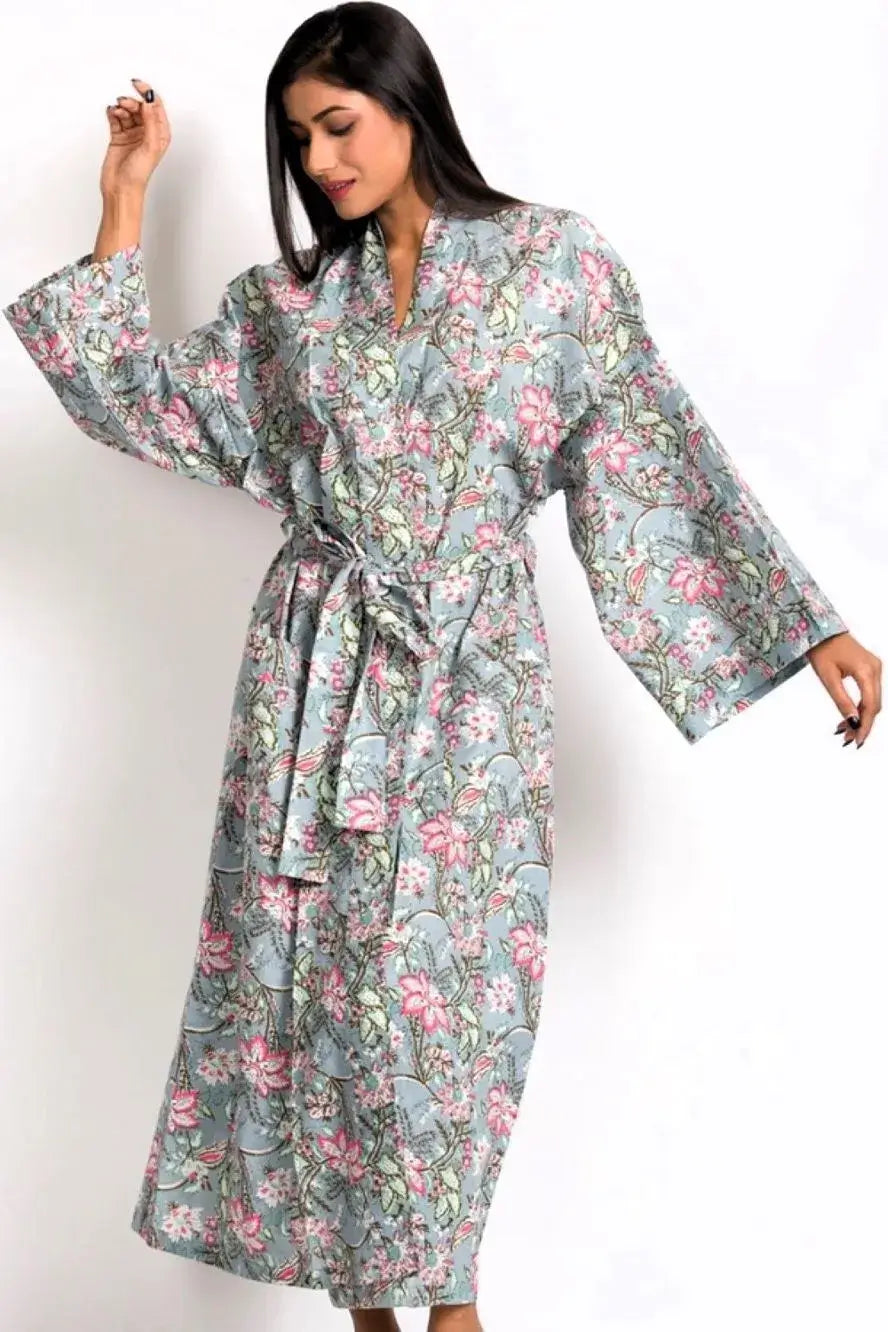 long sleeve floral women's kimono robe in silver gray and pink floral print