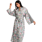 long sleeve boho floral women's long kimono robe in silver gray and pink floral print