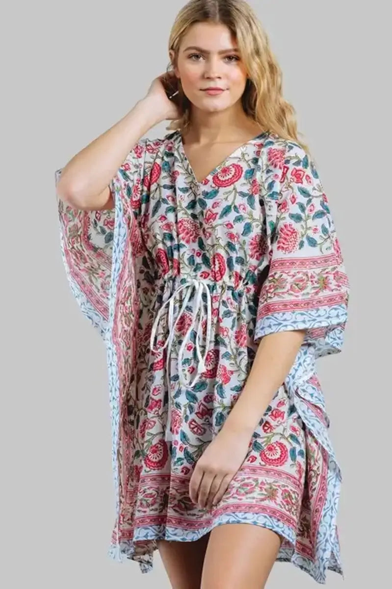 Women's Short Caftan Dress in Blue and Pink Floral from Sevya Handmade