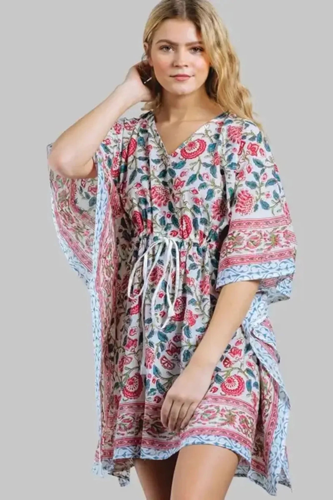 Handmade Pink & Blue Floral Block Print Caftan Dress