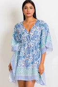 Sky Blue Caftan with turquoise paisley print and drawstring waist, styled as a swimsuit cover up