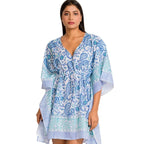 Sky Blue Caftan with turquoise paisley print and drawstring waist, styled as a swimsuit cover up