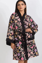 Black Floral Short Kimono Robe in Lightweight Cotton - Kimono Robe by Sevya Handmade, boho robe at Elle and Willow