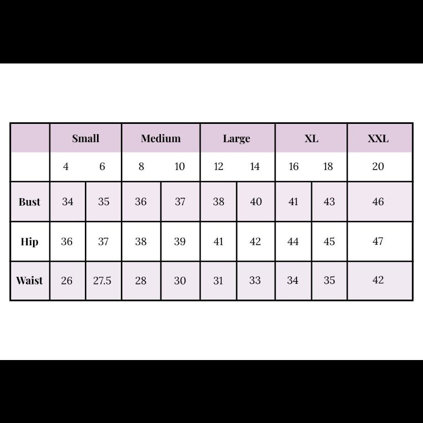 Sevya Handmade measurement chart for bust, hip, and waist sizes in Small, Medium, Large, XL, and XXL categories.