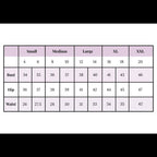 Sevya Handmade measurement chart for bust, hip, and waist sizes in Small, Medium, Large, XL, and XXL categories.
