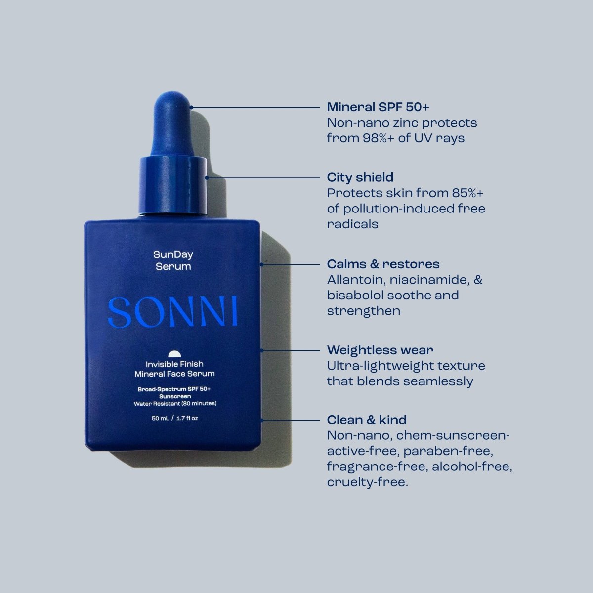 Blue sunscreen serum bottle with text detailing the mineral spf product features on a light gray background