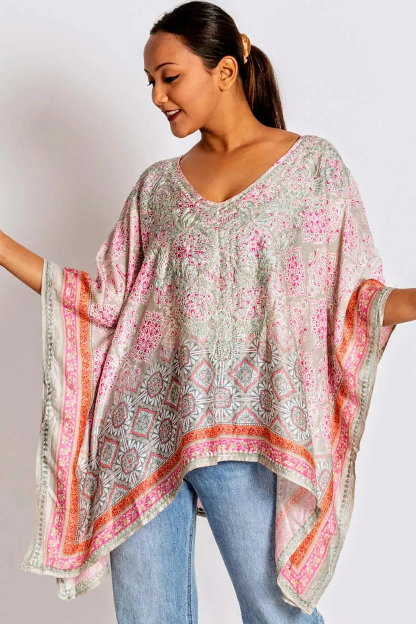 the taneesha pink embroidered boho tunic top from sevya handmade