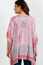 Embroidered Tunic Top in grey and pink with a pullover v neck, flattering kimono style short sleeves with embroidered back.