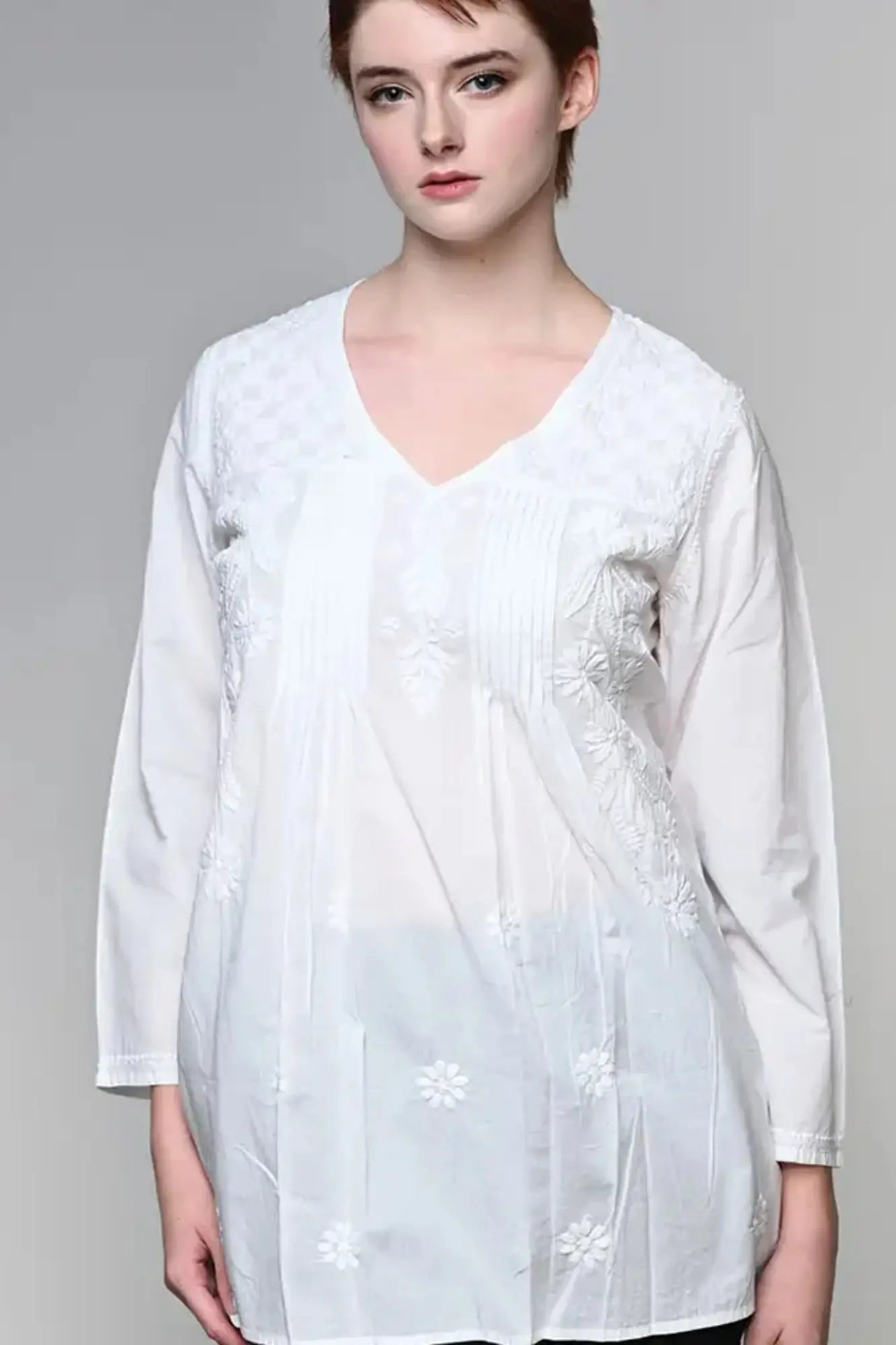 White Floral Embroidered Tunic Top