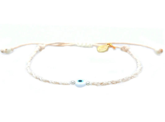 White Evil Eye Bracelet with Pearl Accents on adjustable length cord