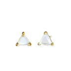 White Mother of Pearl triangle stud earrings set in gold by JaxKelly, minimalist gemstone earrings for elegant everyday wear.