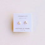 Mother of Pearl Earrings by JaxKelly featuring minimalist gold triangle stud design. Gemstone earrings for everyday wear.