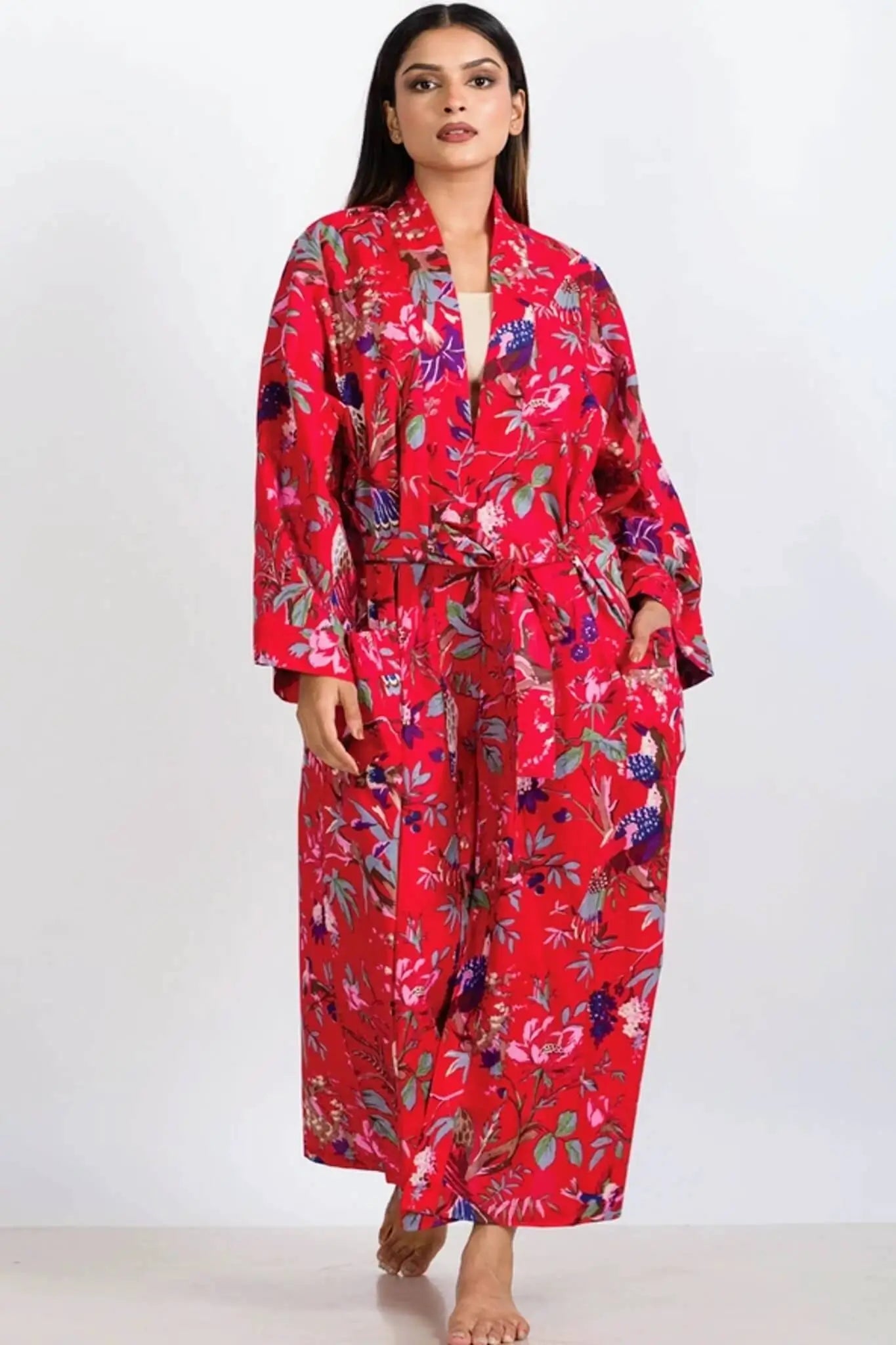 Birds of Paradise Red Kimono Robe - Women's Long Cotton Robe – Elle and ...