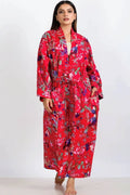 woman wearing a long red cotton kimono robe