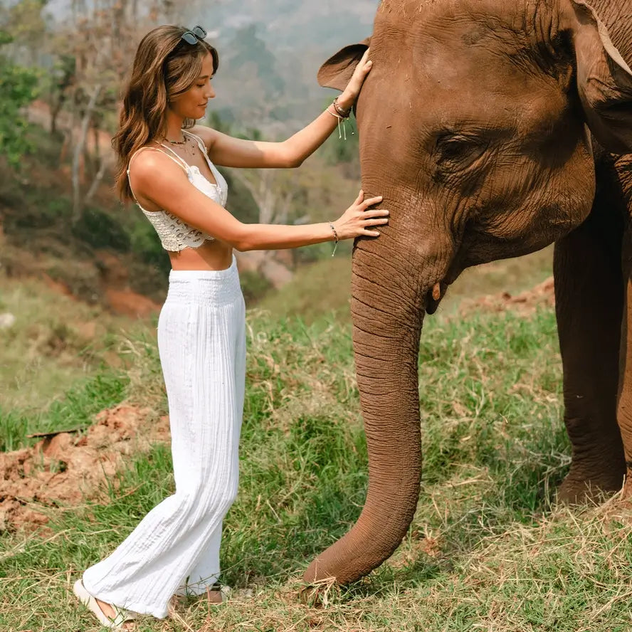 woman with elephant wearing white cotton pants and crop top