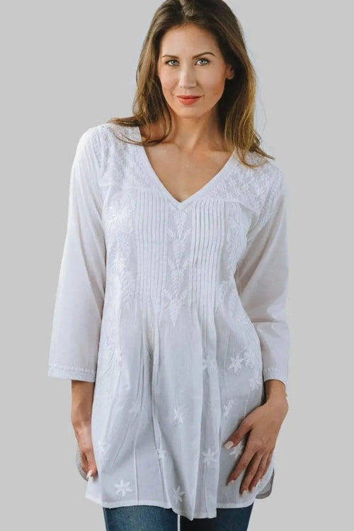 White Tunic Top: Versatile, Elegant & Floral Embroidered, Tunic Top by Sevya Handmade, Bohemian Blouse at Elle and Willow
