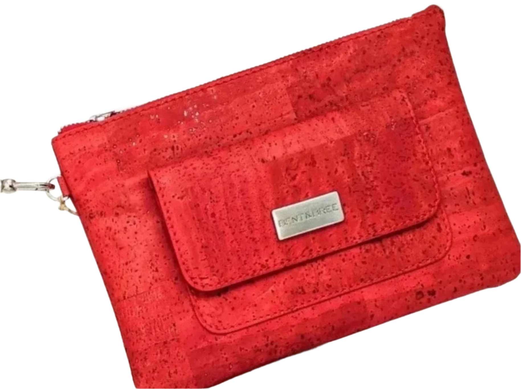 Bent and Bree Cork Clutch in Red with Removable Strap, front pocket and zip top closure