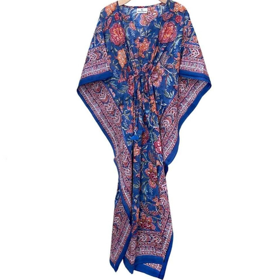 Dark Blue & Red Floral Long Caftan Dress from the Fox & the Mermaid brand clothing. Women's Onesize s-xl.