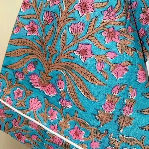 Indian Block Printed Blue Floral Kimono Robe I The Fox and the Mermaid
