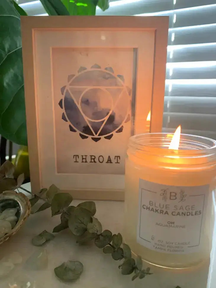 Blue Sage Candles - Om Throat Chakra Candle with Aquamarine Stones