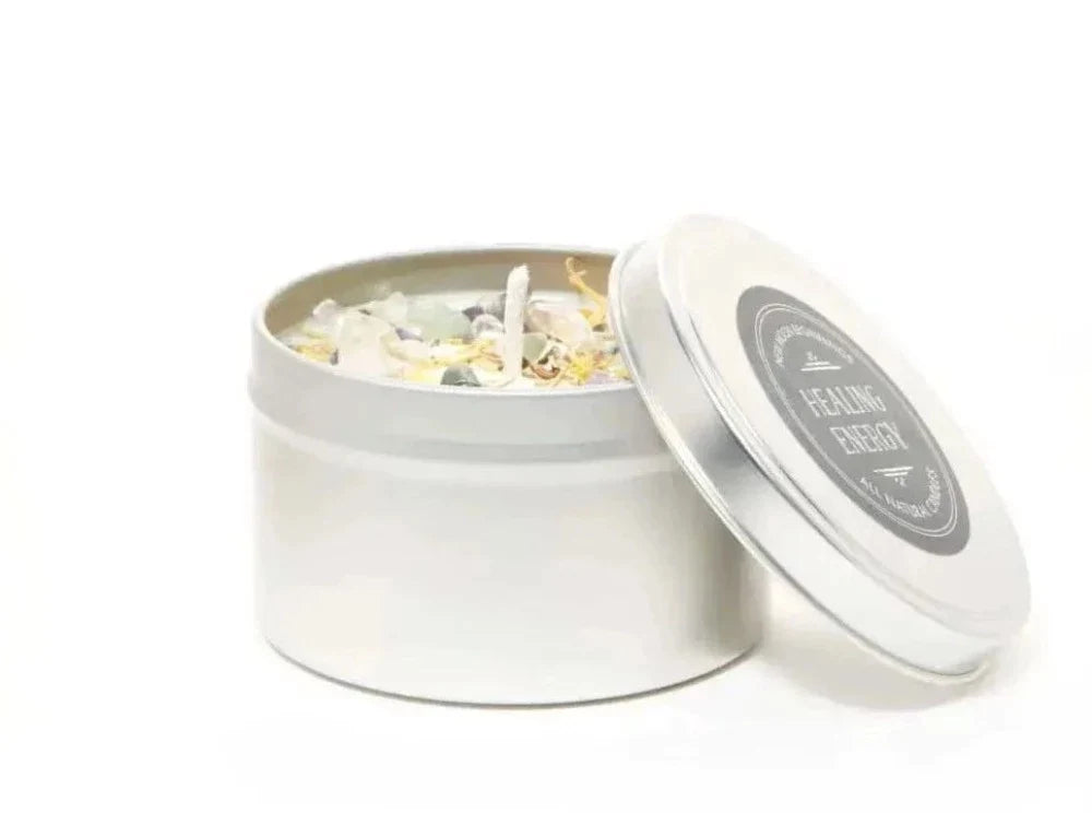 Healing Energy Crystal Candle with gemstones, crystals & herbs in 8 oz. metal travel tin - New Moon Beginnings