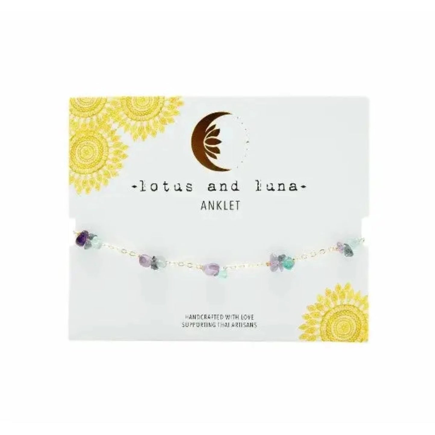 Lotus and Luna Ceto Anklet with Purple and Green Amethyst Stones on Yellow Gold