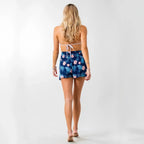 Lotus and Luna Tropical Floral Print Beach Shorts - Women's - High-rise Folder over Waist Lounge & Beach Shorts - Back View