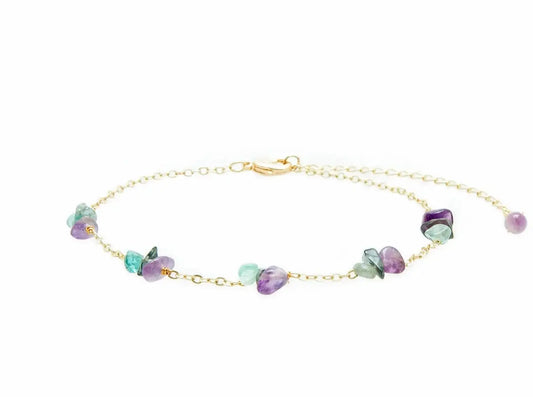 Lotus and Luna Ceto Anklet Purple & Green Amethyst Stones on Yellow Gold Chain Anklet 
